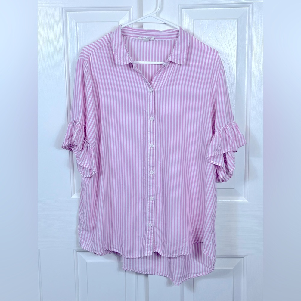 Beach lunch lounge, Stripped Pink & White Blouse, Ruffle Sleeves, size XL